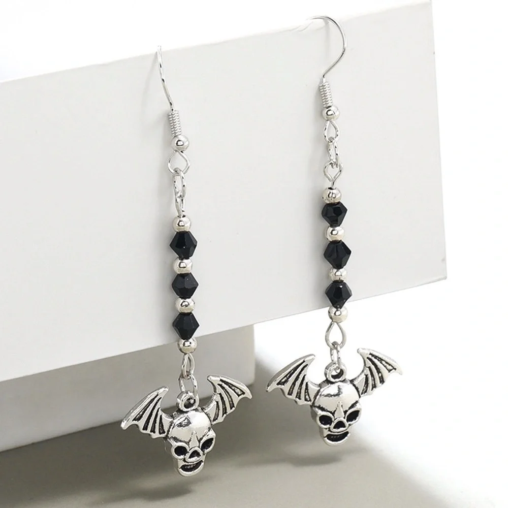 Silver/Black Winged Skull Drop Earrings
